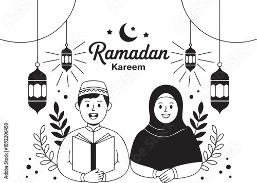 Smiling Muslim boy and girl reading a holy book during the sacred Ramadan Kareem celebration