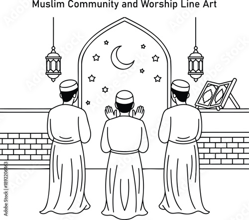 Three Muslim men kneel in prayer before a mosque archway adorned with a crescent moon and stars
