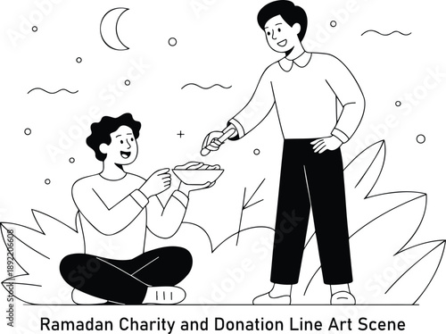 Two kind men sharing food, symbolizing Ramadan charity and community donation
