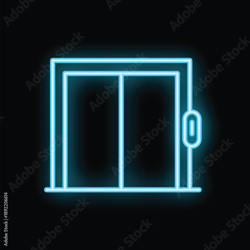 Blue neon sign representing opening elevator doors, on black background