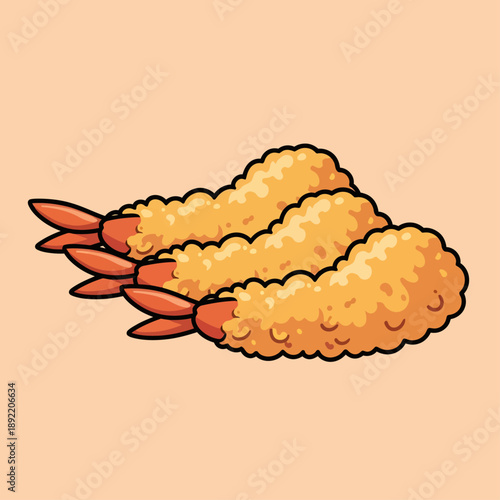A trio of golden-brown tempura shrimp with crispy textured batter and vibrant red tails are stacked diagonally in a bold vector illustration style against a soft peach background