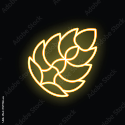 Neon glowing symbol of hop cones is shining on dark background