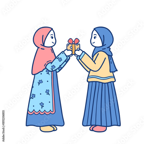 Vector of Muslim Women Sharing Gift in Ramadan Concept Illustration.