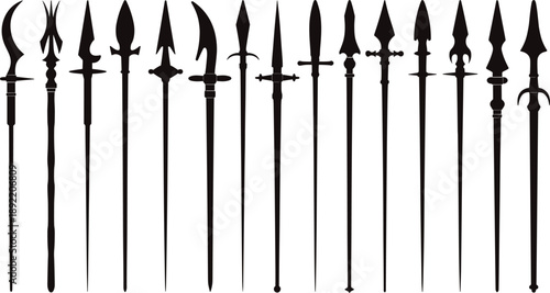 Large collection of ancient spear and polearm silhouettes featuring various historical weapon designs for medieval combat and warrior illustrations.