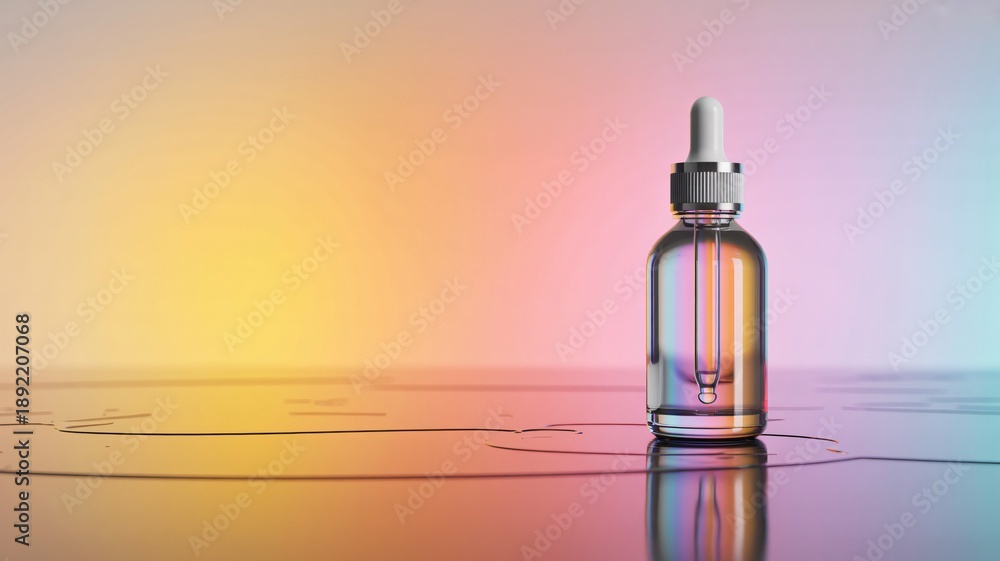 custom made wallpaper toronto digitalGlass Dropper Bottle with Iridescent Liquid on Reflective Surface serum cosmetic