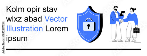 Data privacy, business transactions, cybersecurity, secure communication, digital trust, partnership. A shield with a lock and two people shaking hands. Cybersecurity and business transactions
