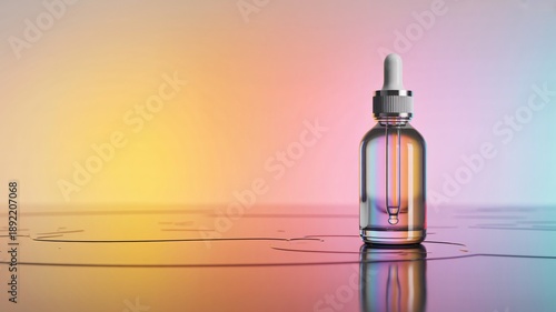 Wallpaper Mural Glass Dropper Bottle with Iridescent Liquid on Reflective Surface serum cosmetic Torontodigital.ca