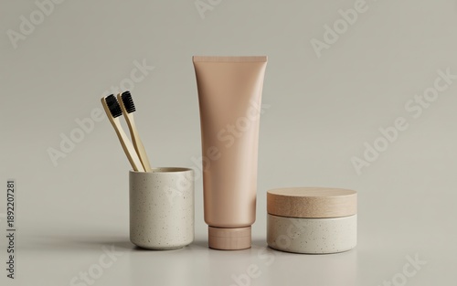 Wallpaper Mural Minimalist Bathroom Set with Toothbrushes Toothpaste and Cream Jar toiletries personal care Torontodigital.ca