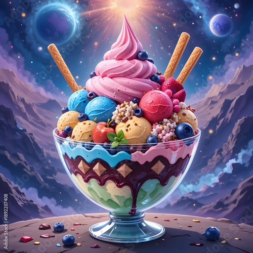 fantasy cosmic ice cream parfait with colorful fruit toppings and space planets background