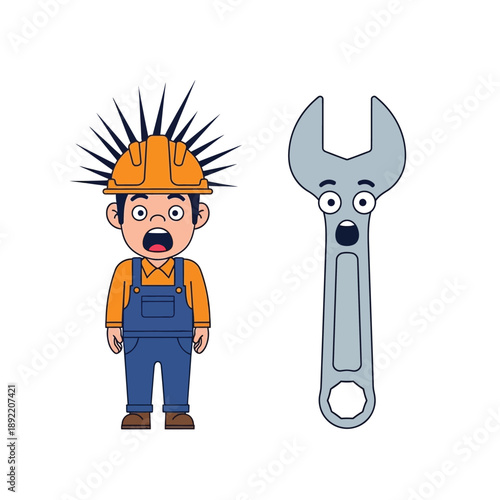 Cartoon man in hard hat and wrench both look shocked with wide eyes and open mouths.