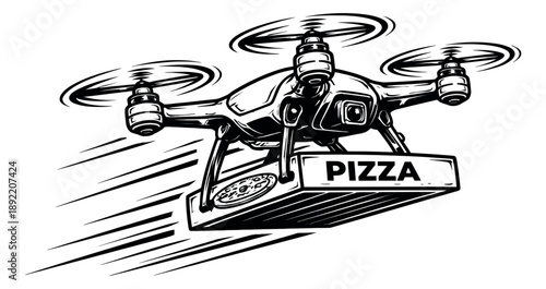 Hand drawn line art illustration of a drone depicting fast pizza delivery for modern food delivery service