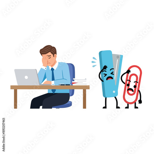 A stressed businessman works on his laptop at a desk, while anthropomorphic office supplies, a stapler and a paperclip, appear equally distressed.