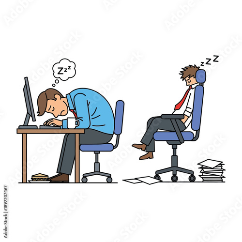 Two tired office workers sleeping at their desks, one slumped over a keyboard and the other reclined in his chair, illustrating workplace fatigue.