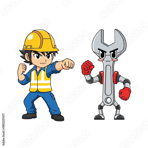 Cartoon construction worker in hard hat and safety vest facing off against an anthropomorphic wrench character with boxing gloves in a playful fight.