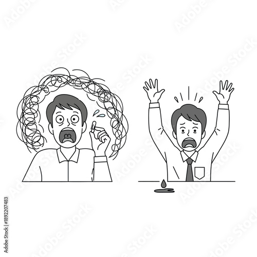 Two black and white illustrations depicting a man experiencing extreme shock, panic, and mental distress, with one showing a chaotic mind and the other a gesture of surrender.