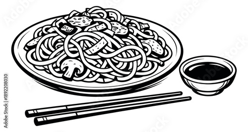 Hand drawn line art illustration of asian noodles with chopsticks and soy sauce depicting a served dish for restaurant menu design