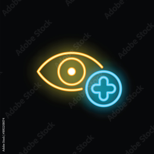 Neon icon of an eye with a plus sign, symbolizing improved vision and healthcare