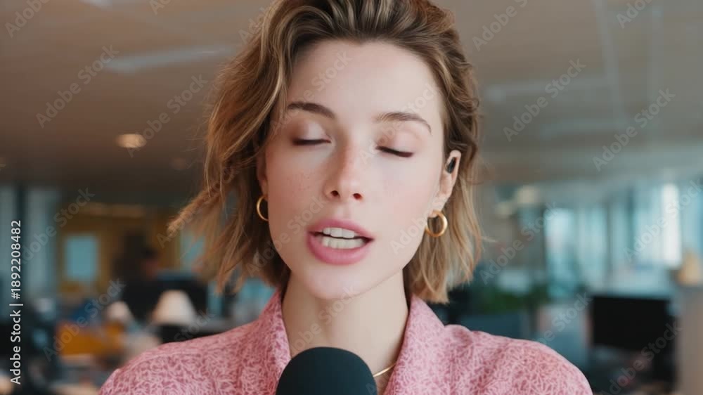 Confident Woman Addressing: A composed woman addresses the audience ...