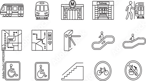 A collection of black and white subway icons on a white background