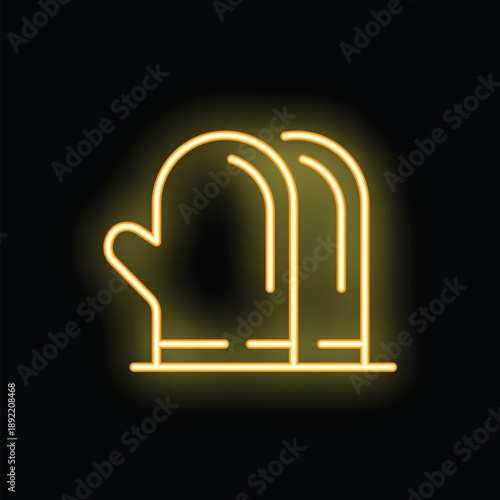 Yellow glowing neon sign depicting oven mitts on a black background