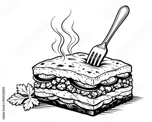 Hand drawn line art illustration of lasagna depicting a hot steaming dish with a fork for food, restaurant, or menu design