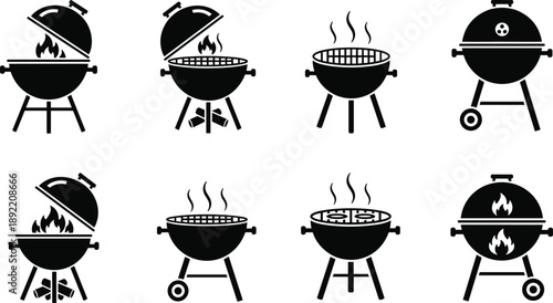 Collection, of, black, silhouettes, featuring, various, barbecue, kettle, grills, with, fire, and, smoke, for, summer, cooking, outdoor, party, and, bbq.