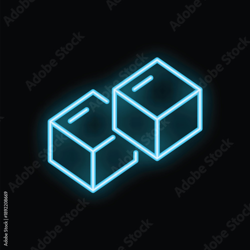 Neon illustration representing two blue glowing cubes linked together symbolizing blockchain technology
