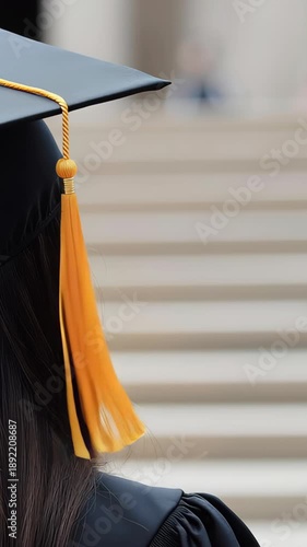 Graduating student wearing cap at ceremony in front of school steps