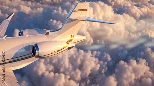 Flying high above the clouds at sunset in a private jet