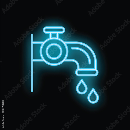 Blue neon icon of a faucet with water dripping from it, representing concepts like water conservation and plumbing services