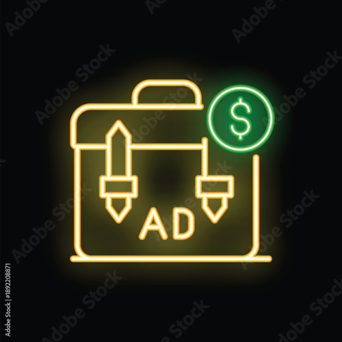 Yellow and green neon sign representing an advertising budget with a suitcase and dollar sign, over black background