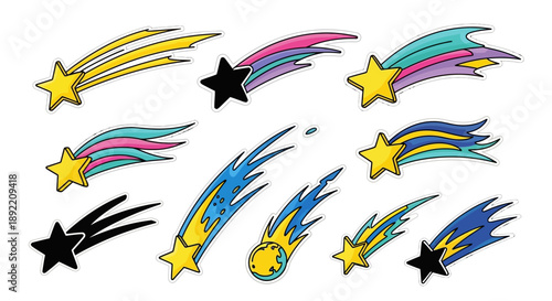 Colorful shooting stars and planets move quickly across the night sky in a beautiful celestial display.