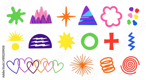 Colorful shapes and symbols arranged in a decorative pattern on a white background with tyuigf reference