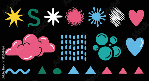 Vibrant shapes and symbols arranged on a black background in tyuigf 27 ai