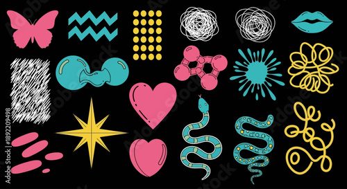 Vibrant colorful shapes and symbols are scattered across a black background in tyuigf 28 ai