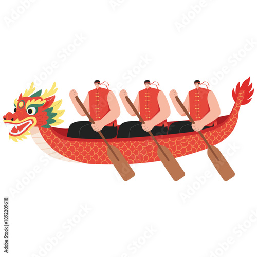 Chinese Culture Illustration. Vector illustration of Team paddling dragon boat in traditional Chinese festival sport competition. Isolated on background