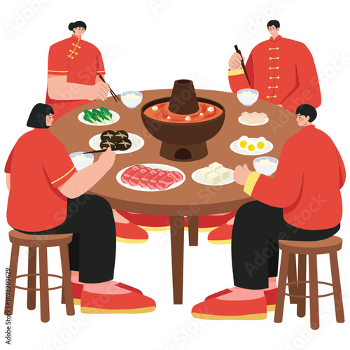 Chinese Culture Illustration. Vector illustration of Chinese family enjoying hot pot meal together during festive holiday gathering. Isolated on background