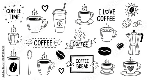 Coffee break with various cups and coffee beans on a table indoors