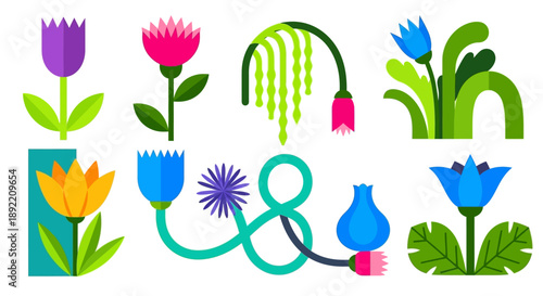 Vibrant flowers and plants in various colorful pots and vases on display