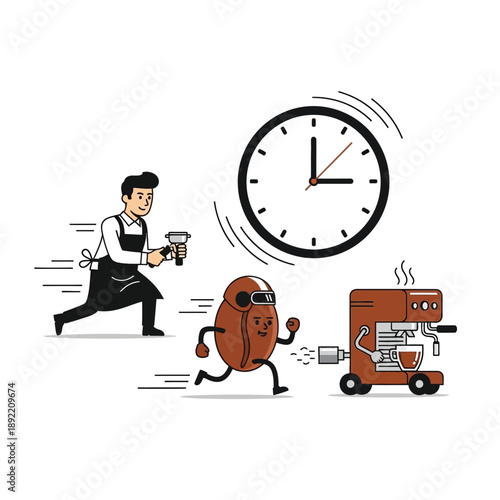 A cartoon barista chases a running coffee bean character connected to a mobile espresso machine, with a large clock symbolizing time pressure.