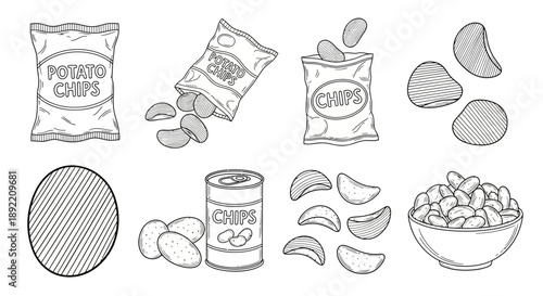 A variety of potato chips are displayed in bags, cans, and bowls with several chips scattered around on a table.