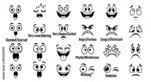 Various emotive faces show different human emotions in tyuigf ai