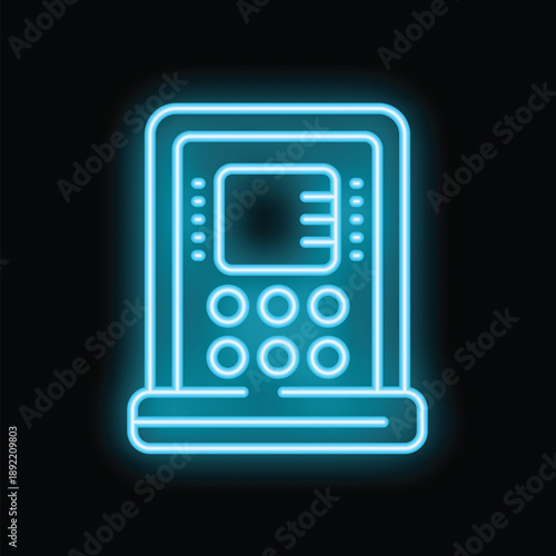 Bright blue neon sign showing an atm machine, great for any banking or finance concept