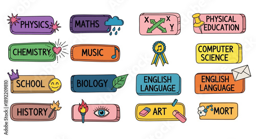 Colorful educational stickers with subjects and icons on white background tyuigf 53 ai
