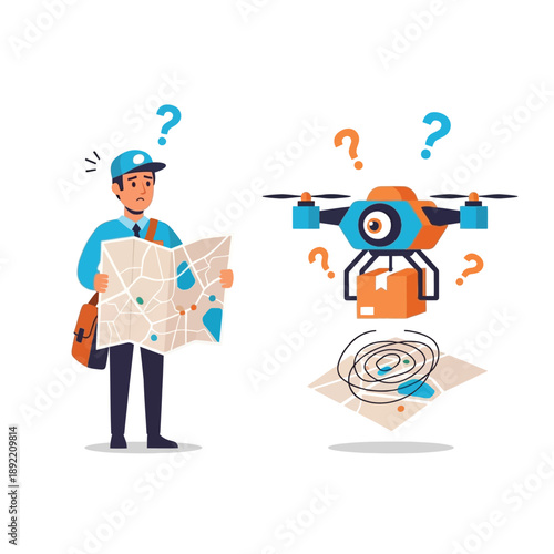 Confused mailman and delivery drone struggling with navigation and package delivery, both looking at maps with question marks indicating lost routes.