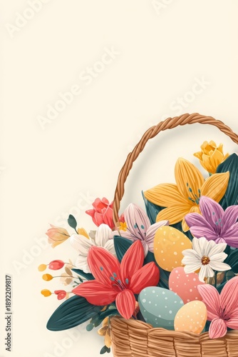 Easter basket filled with colorful flowers and decorated eggs, copy space