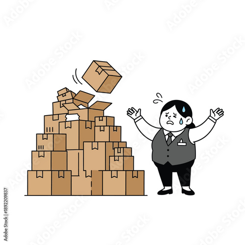 An overwhelmed worker stands next to a dangerously tall, unstable stack of cardboard boxes, with one box falling, illustrating the stress of excessive workload and disorganization.