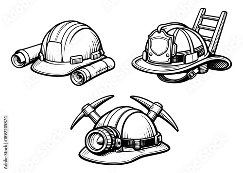 Hand drawn line art helmets set featuring a construction hard hat, firefighter helmet, and miner's cap for professional safety and labor concepts