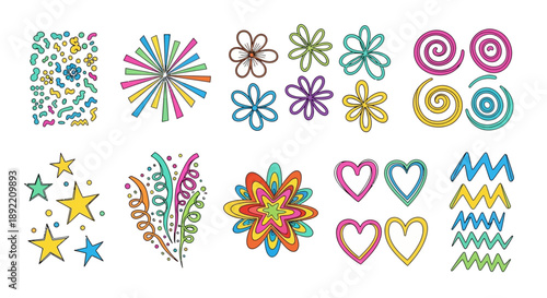 Colorful patterns and shapes adorn a vibrant digital illustration with hearts, flowers, stars.