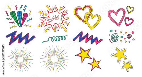 Vibrant colorful illustrations of hearts, stars, and squiggles decorate a festive digital artwork.